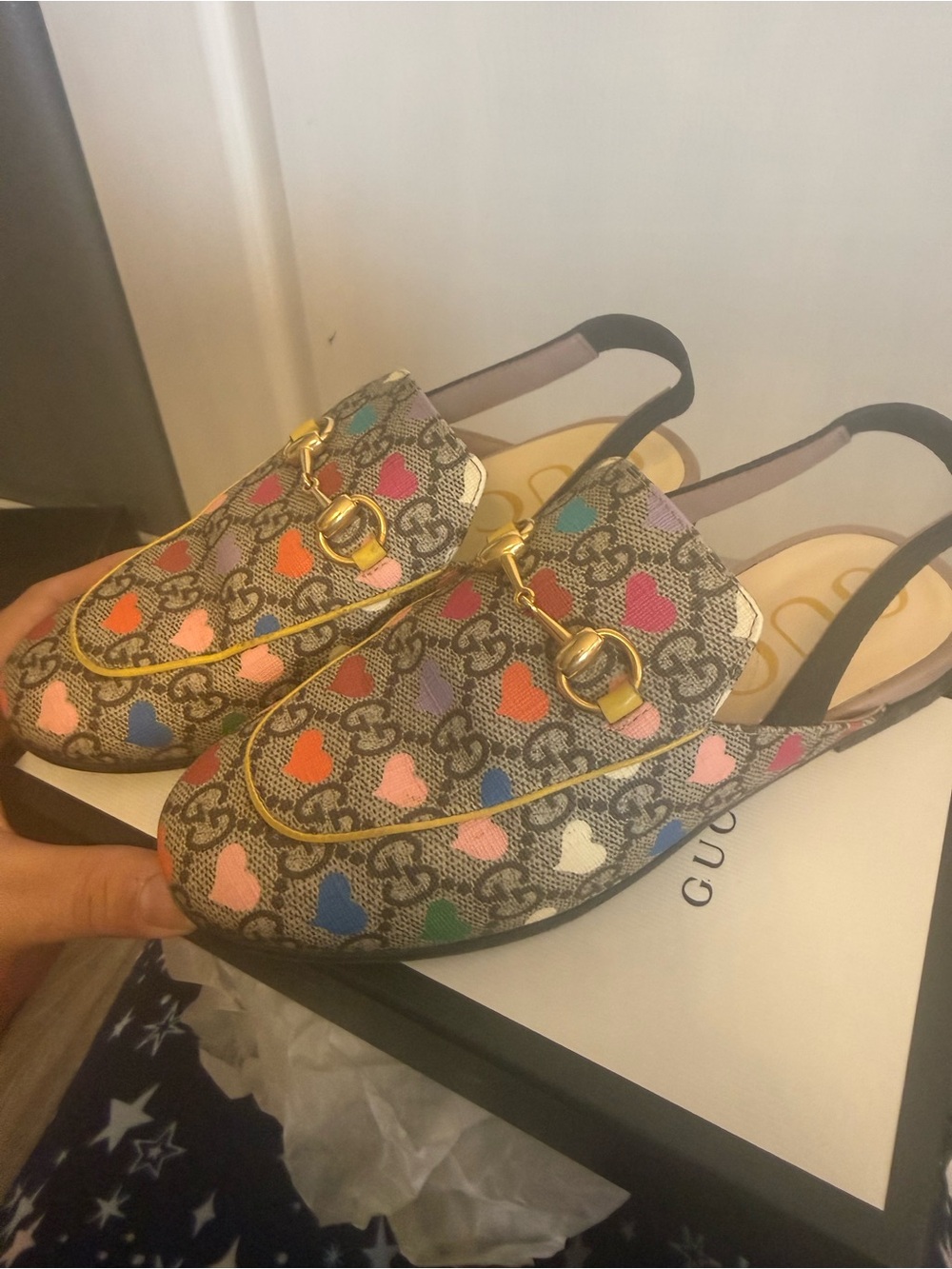 Gucci Multicolor Heart GG Canvas Horsebit Slingback Loafers